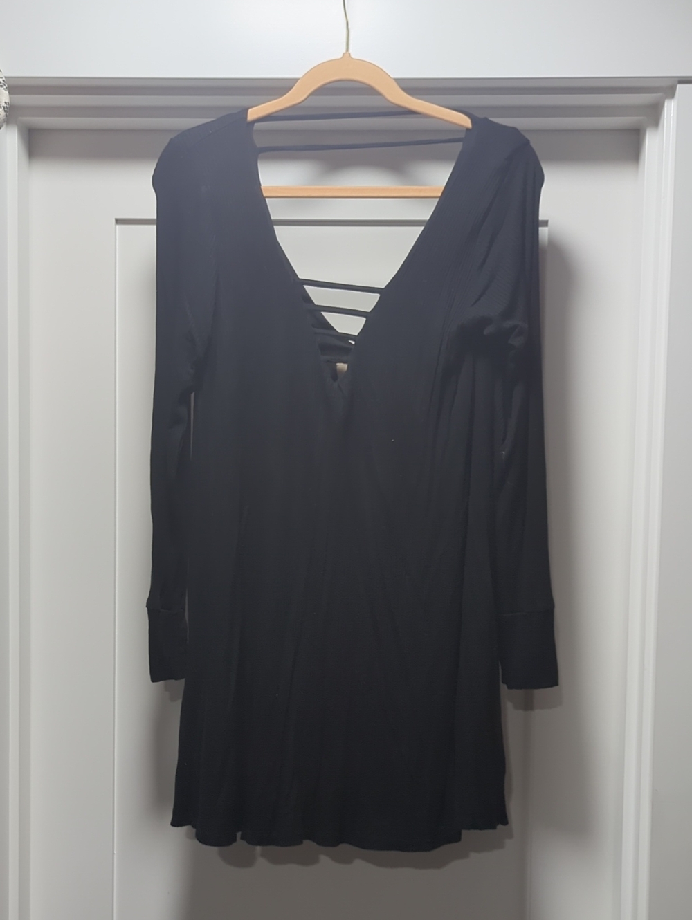 Lucy Love Black Long-Sleeve V-Neck Dress with Strappy Back Detail